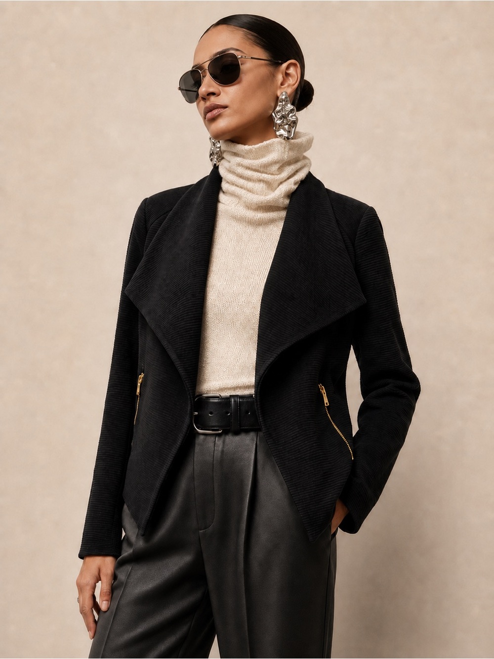 Calvin Klein Open Black Ribbed Knit Moto Jacket | Gold Zip Draped Collar
